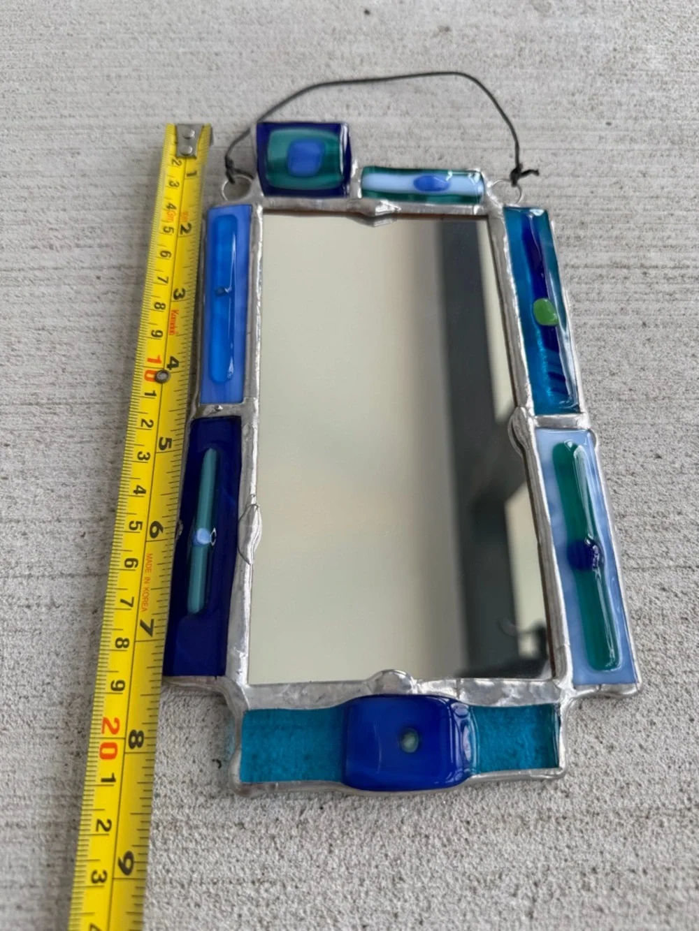 Vintage Fused Glass Wall Mirror Blue Green Stained Glass Style Handmade